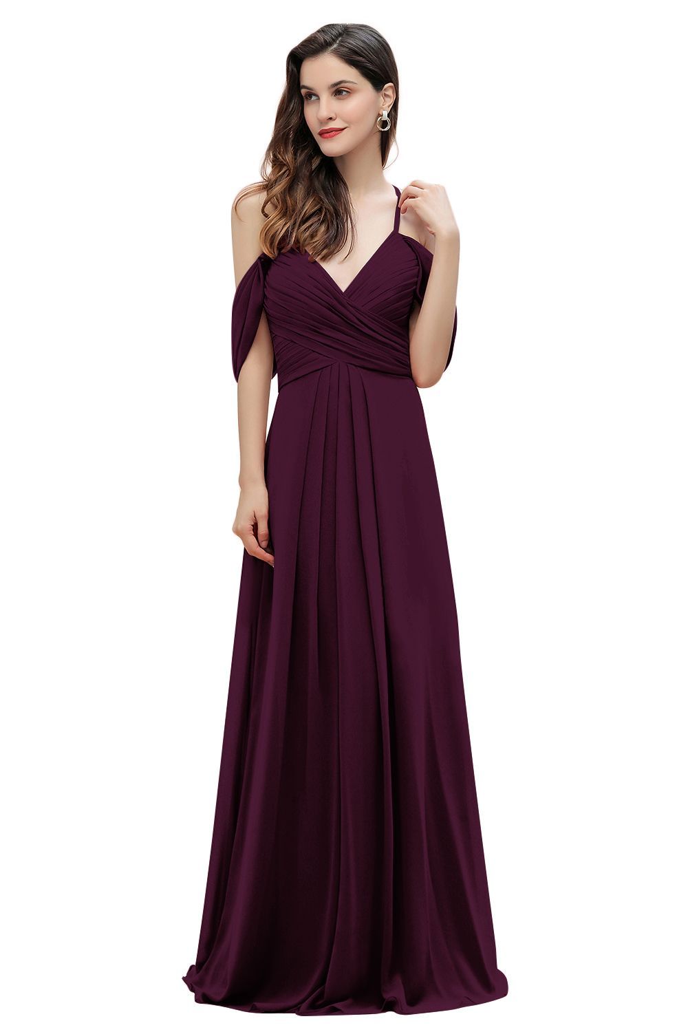 Elegant A-line Off-the-Shoulder V-neck Ruched Long Bridesmaid Dress-BMbridal