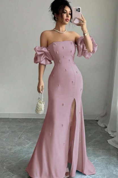 Strapless Bubble Sleeves Long Split Prom Dress With Beading