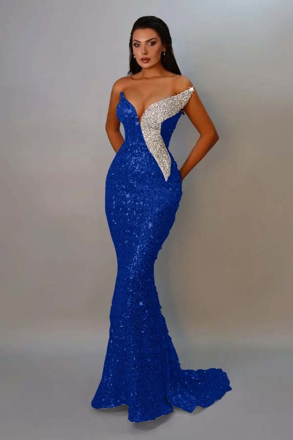 Sequins Strapless Sleeveless Long Mermaid Prom Dress With Pleated