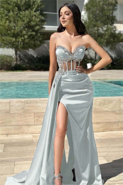 Stunning Black Strapless Sleeveless Long Split Pleated Prom Dress With Beading