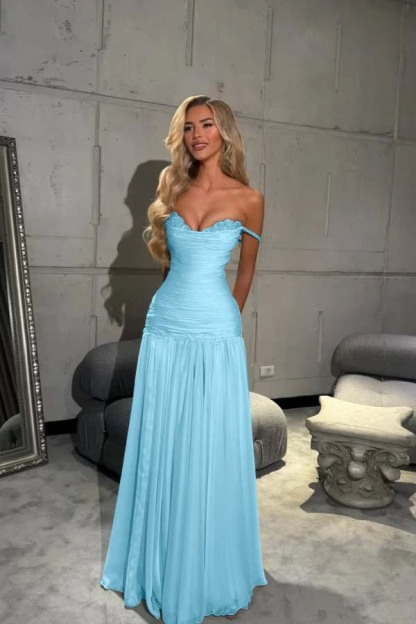 Off the Shoulder Sleeveless Long Prom Dress With Pleated Sequins