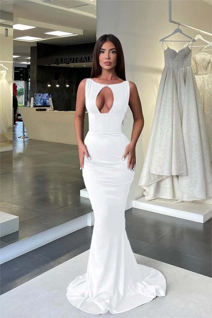 Jewel Neck Sleeveless High Waist Mermaid Prom Dress With Pleated