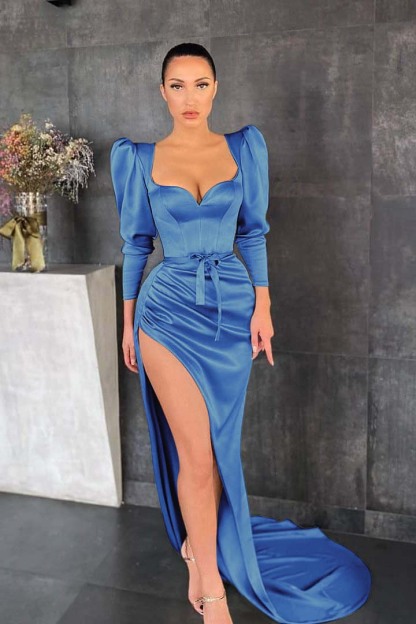 Glamorous Dusty Sage Long Sleeves Pleated Long Prom Dress Split With Belt