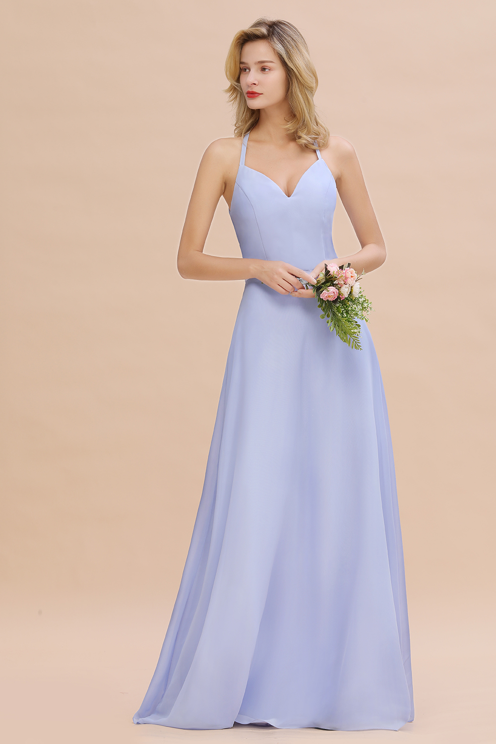 BMbridal Modest Halter V-Neck Sleeveless Long Bridesmaid Dresses Online-BMbridal