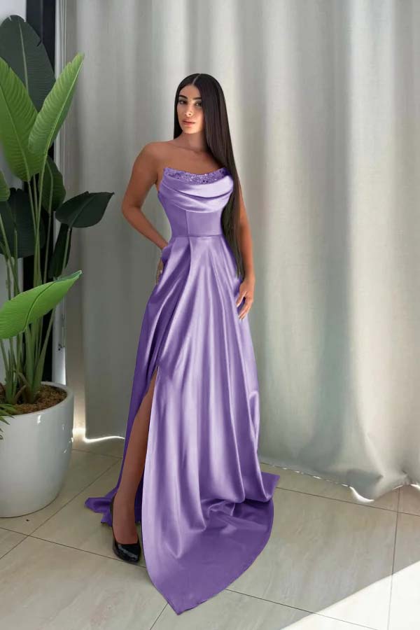 Strapless Sleeveless Long Split Prom Dress With Pleated Sequin