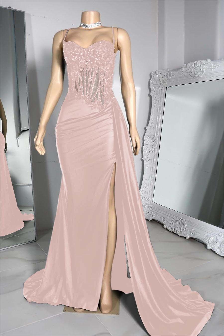 Exquisite Black Spaghetti Strap Sleeveless Pleated Long Split Prom Dress With Beading