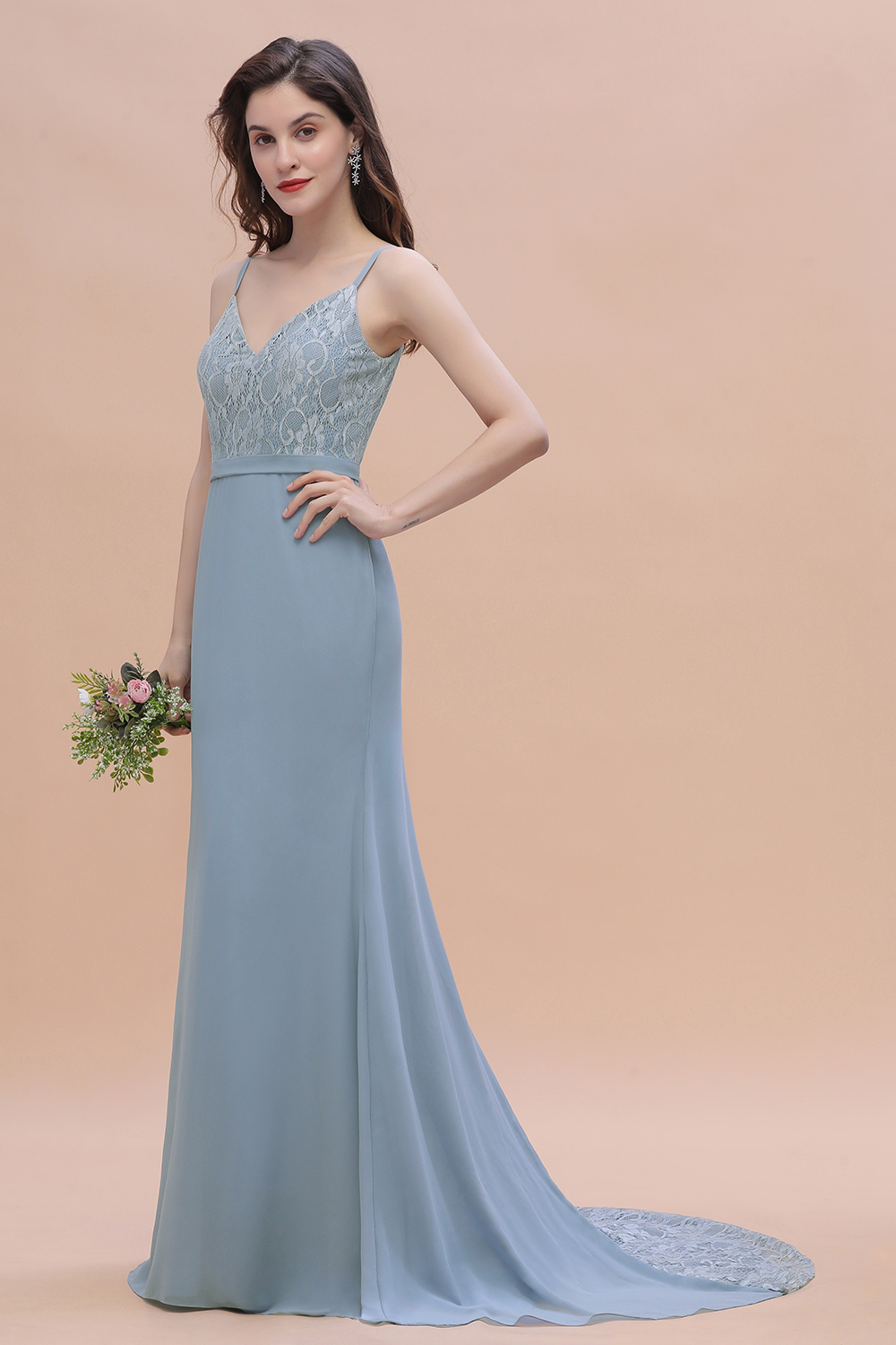 BMbridal Elegant Mermaid Chiffon Lace Dusty Blue Bridesmaid Dress with Spaghetti Straps On Sale-BMbridal
