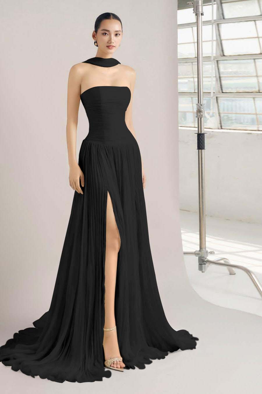 Strapless Sleeveless Long Split Prom Dress With Pleated Ruffles