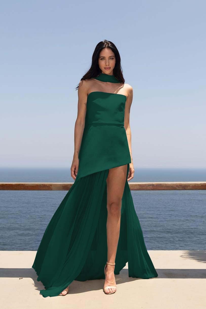 Strapless Sleeveless Split Long Prom Dress With Pleated Tulle