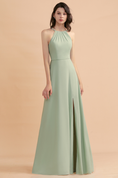 BMbridal Stylish Jewel Sleeveless Dusty Sage Chiffon Bridesmaid Dress with Ruffles-BMbridal