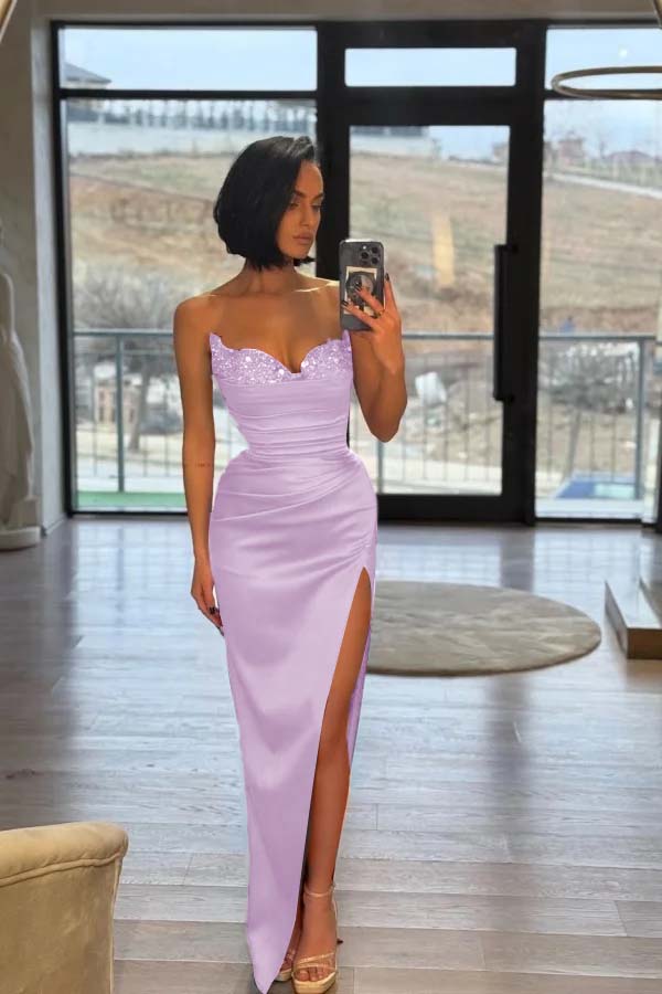 Strapless Sleeveless Long Split Prom Dress With Pleated Sequins