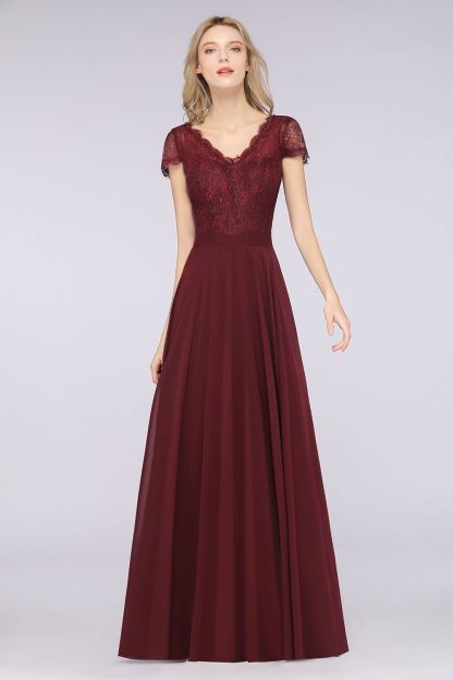 BMbridal Elegant Lace V-Neck Burgundy Bridesmaid Dress with Cap Sleeves-BMbridal