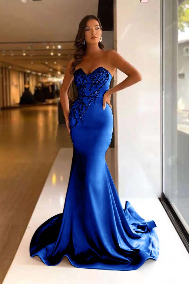 Pretty Strapless Sweetheart Sleeveless Long Mermaid Prom Dress With Beadings