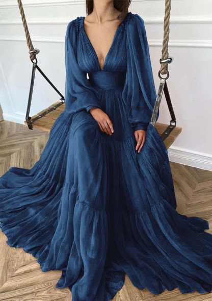 Deep V Neck Long Sleeves High Waist Long Prom Dress With Ruffles