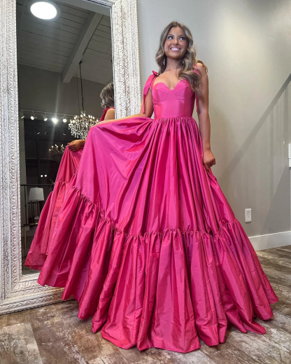 Sleeveless Straps Sweetheart Long Prom Dress With Ruffles Pleated