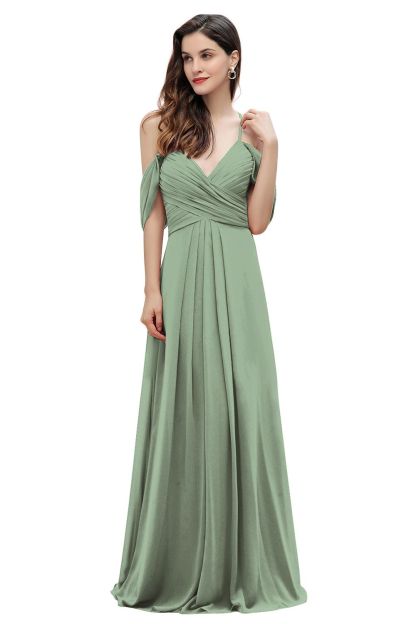 Elegant A-line Off-the-Shoulder V-neck Ruched Long Bridesmaid Dress-BMbridal