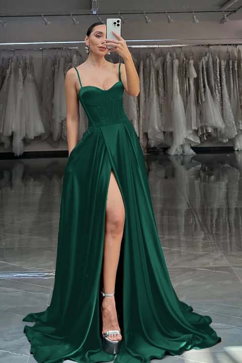 Spaghetti Strap Sleeveless Long Split Prom Dress With Pleated