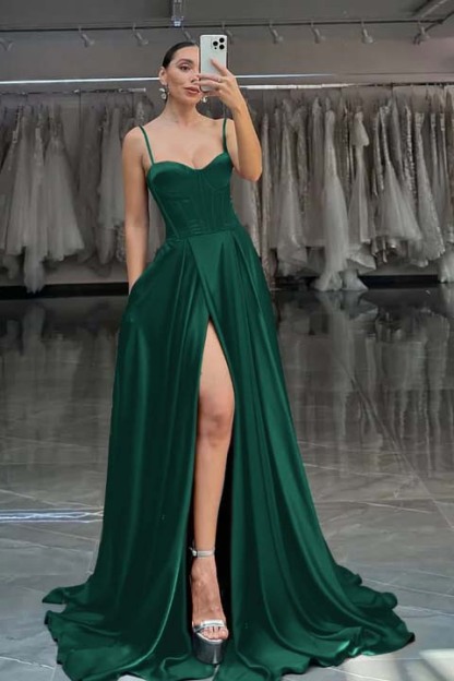 Spaghetti Strap Sleeveless Long Split Prom Dress With Pleated