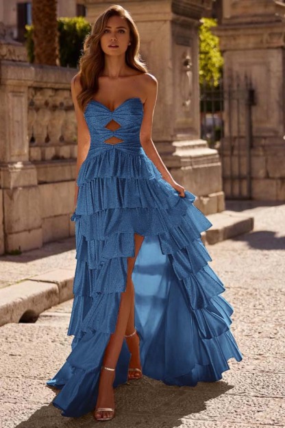 Strapless Sleeveless Long Split Prom Dress With Pleated Beading