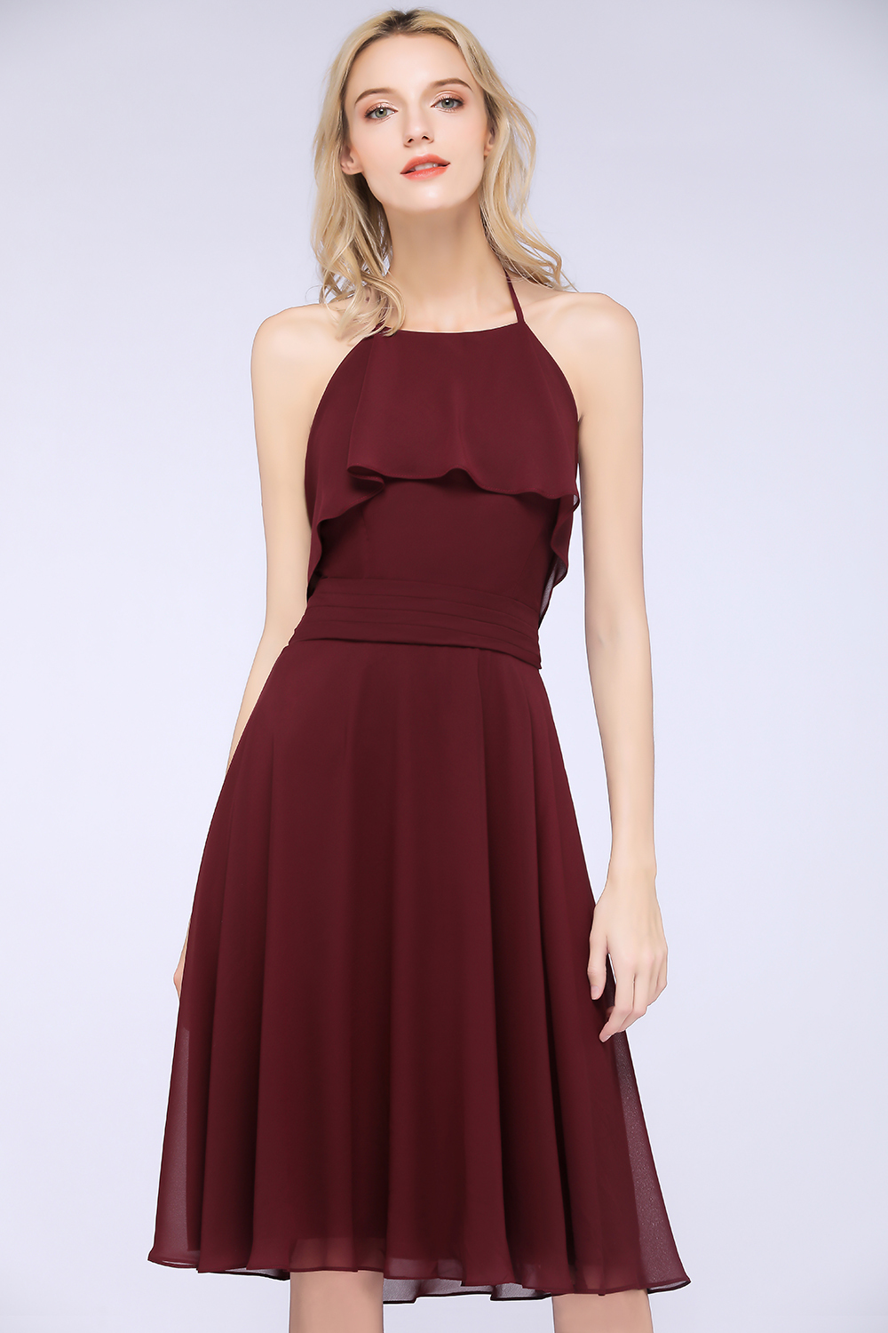 BMbridal Gorgeous Halter Sleeveless Chiffon Short Bridesmaid Dress with Ruffle-BMbridal