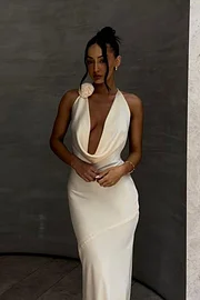 White Halter Sleeveless Mermaid Long Prom Dress With Pleated