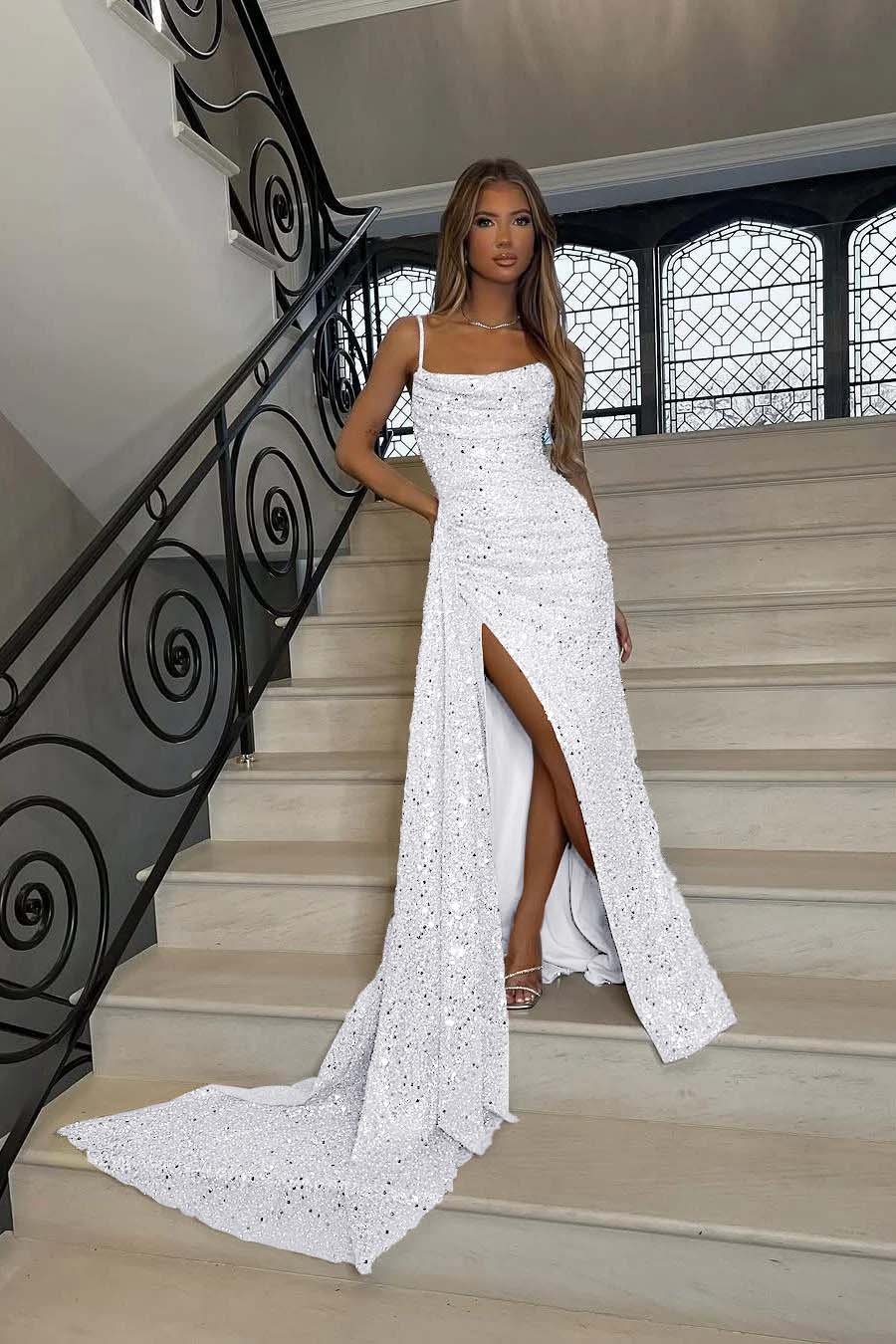 Sequins Spaghetti Strap Sleeveless Long Mermaid Prom Dress With Split