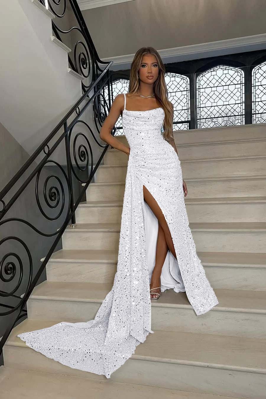 Sequins Spaghetti Strap Sleeveless Long Mermaid Prom Dress With Split