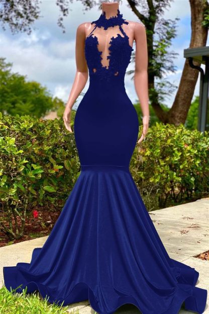 Halter Sleeveless Long Mermaid Prom Dress With Appliques Ruffles