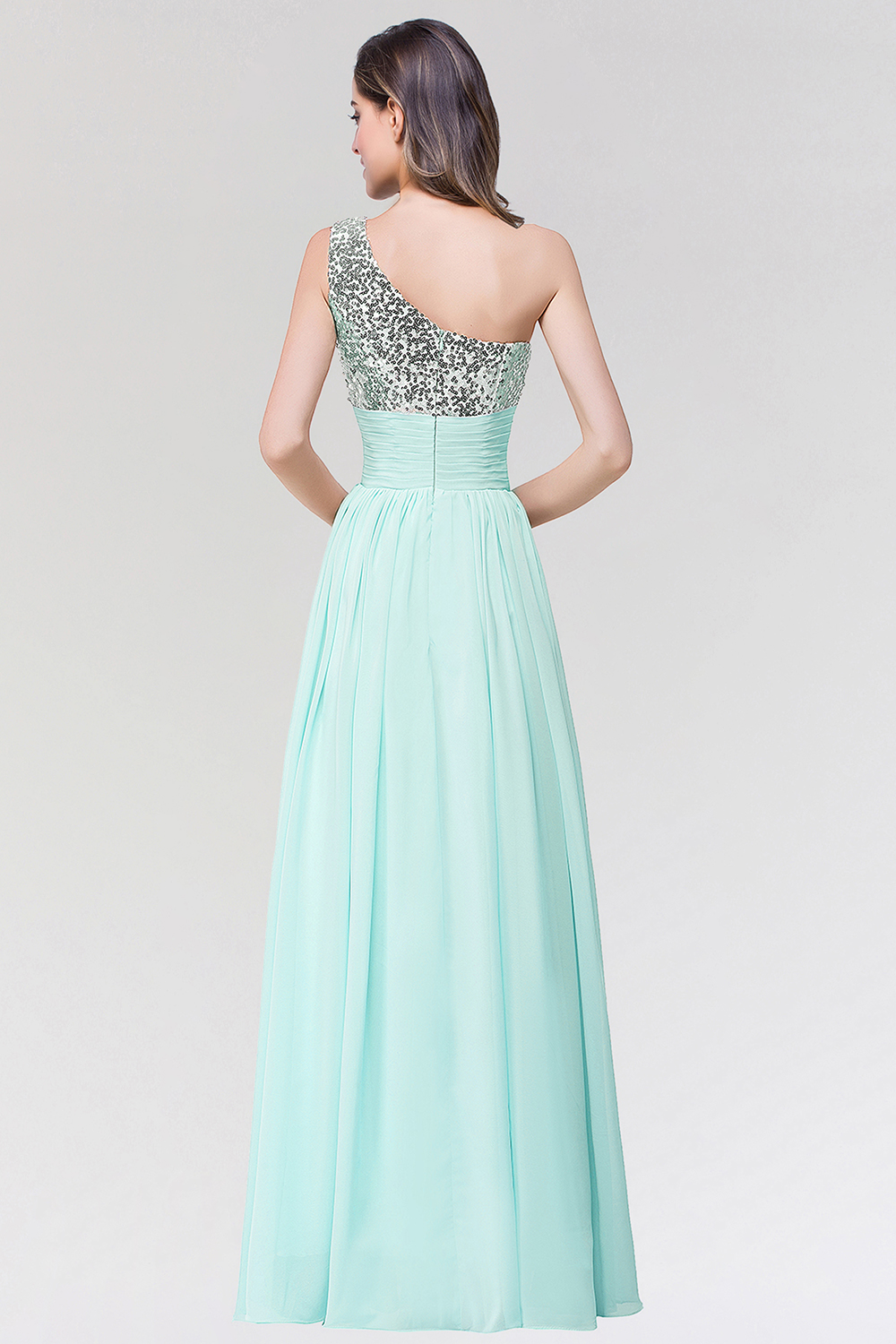 BMbridal Sparkly One-shoulder Ruffle Long Bridesmaid Dresses with Sequined Top-BMbridal
