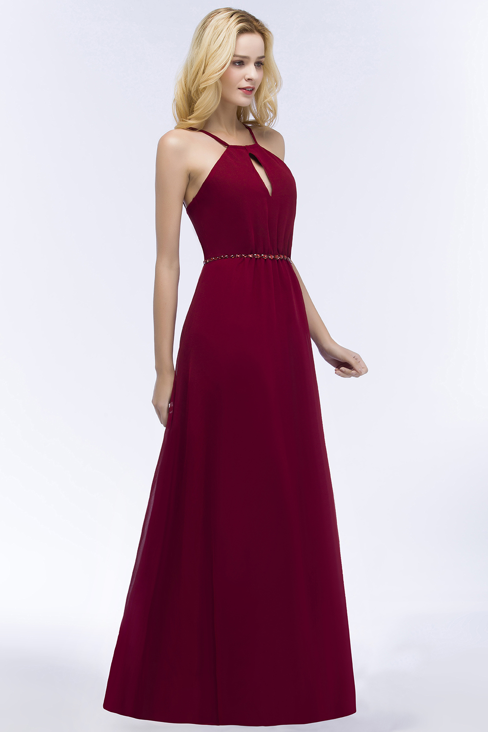 BMbridal Burgundy Spaghetti Straps Long Bridesmaid Dress with Beading Sash-BMbridal