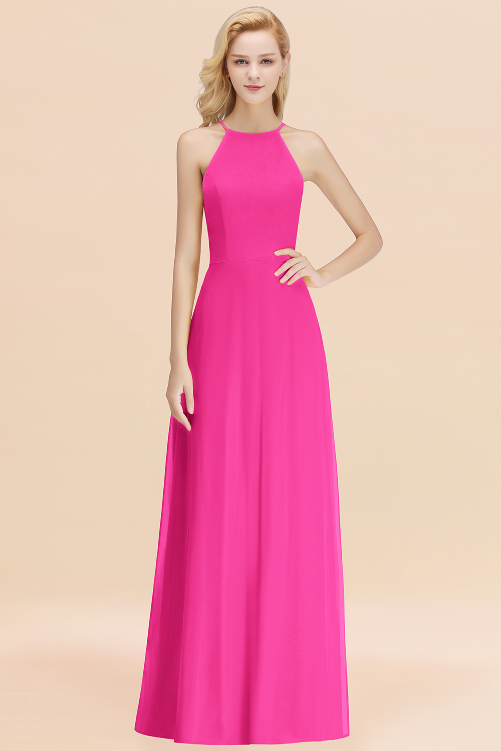 BMbridal Modest High-Neck Yellow Chiffon Affordable Bridesmaid Dresses Online-BMbridal