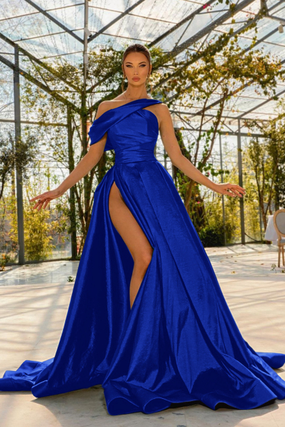 Green Sleeveless Prom Dress One Shoulder Satin With High Split