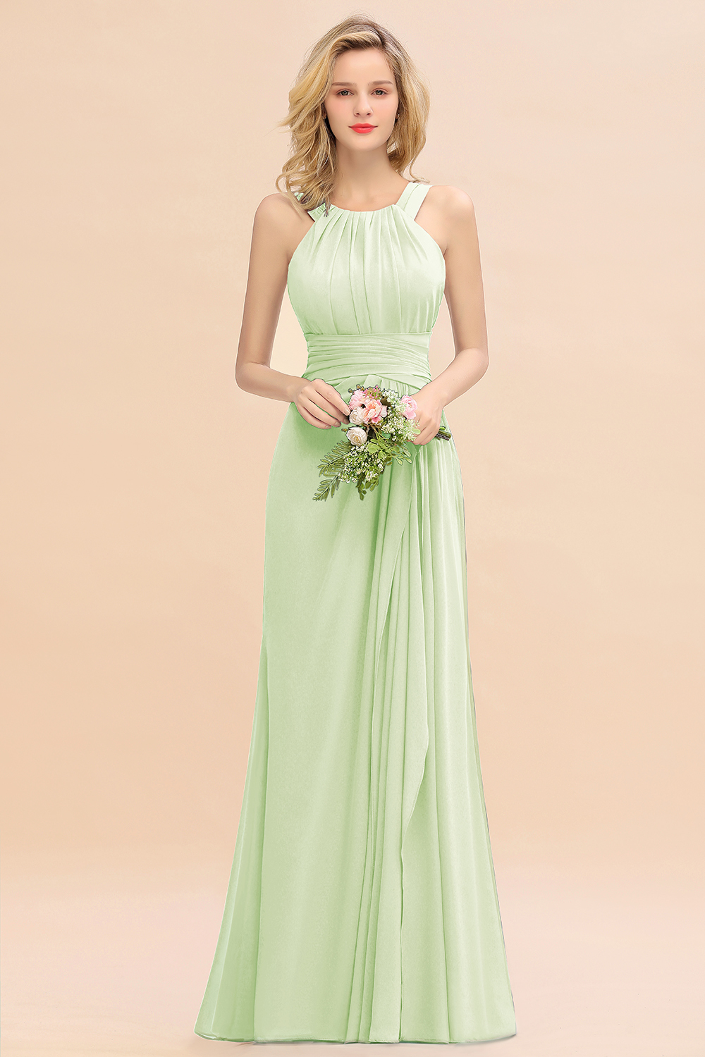 BMbridal Elegant Round Neck Sleeveless Bridesmaid Dress with Ruffles-BMbridal
