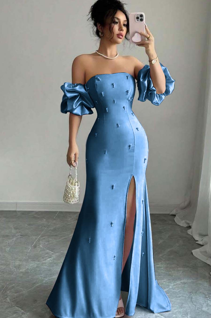 Strapless Bubble Sleeves Long Split Prom Dress With Beading