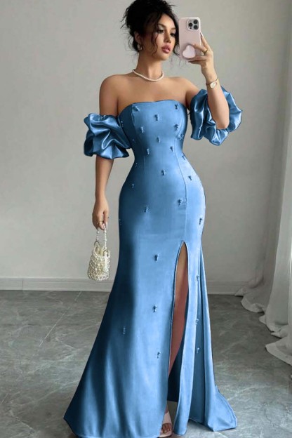 Strapless Bubble Sleeves Long Split Prom Dress With Beading