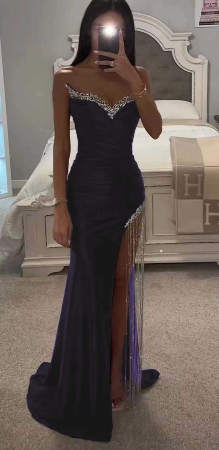 Strapless Sleeveless Long Mermaid Prom Dress With Split Tassel Beading