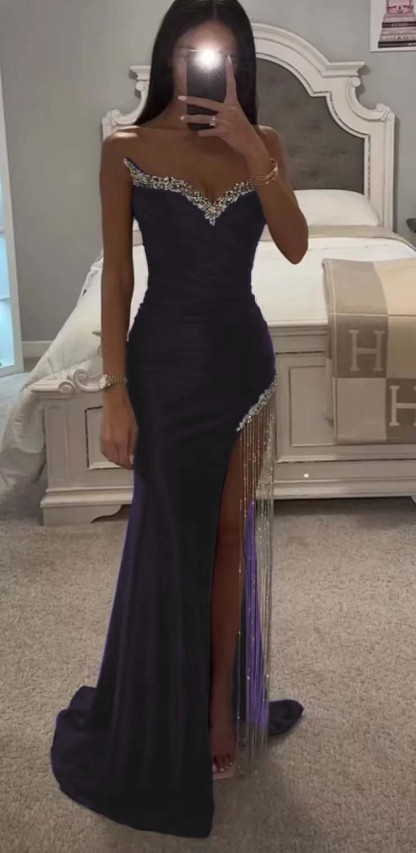 Strapless Sleeveless Long Mermaid Prom Dress With Split Tassel Beading