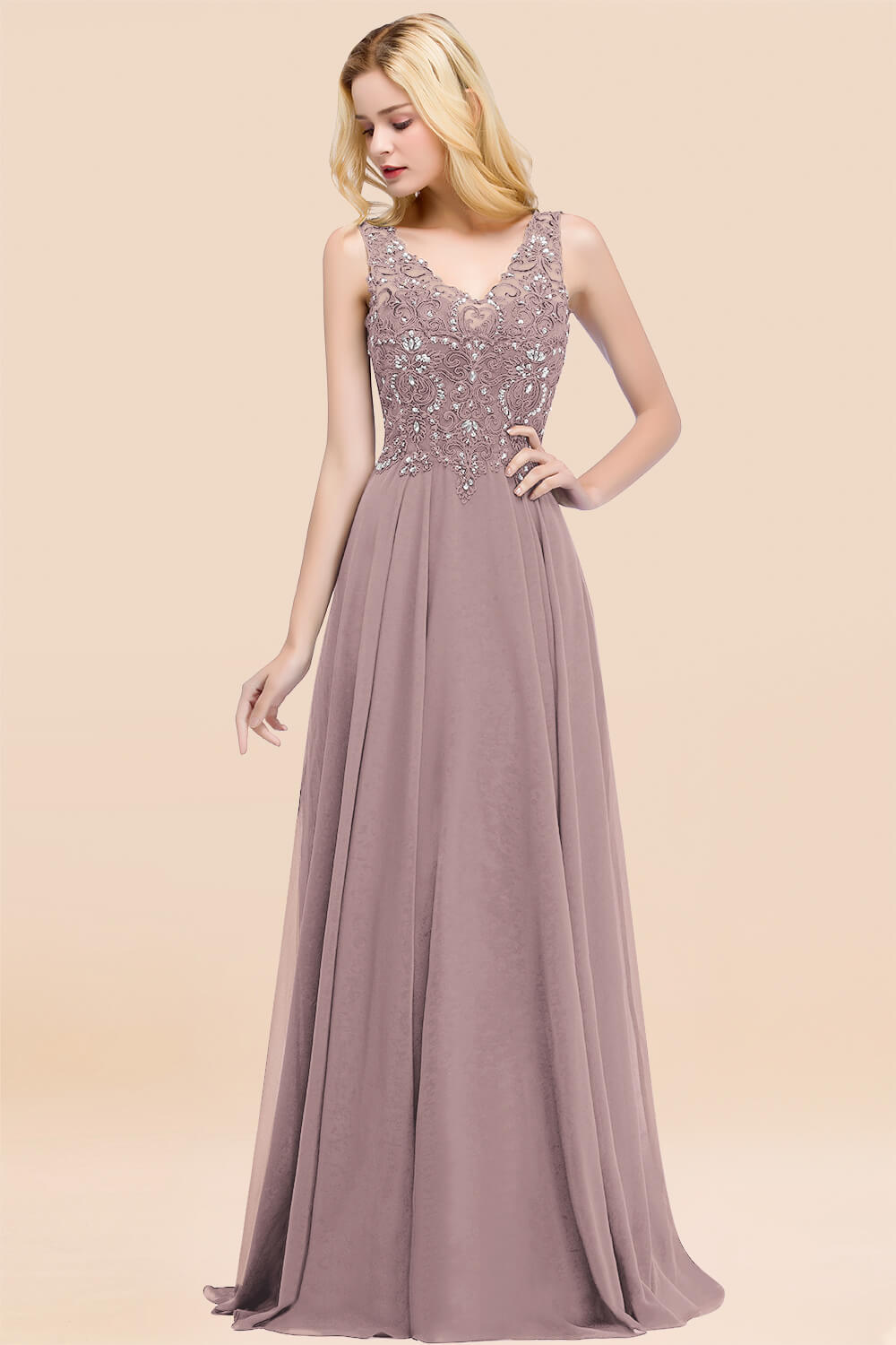 BMbridal Affordable Lace V-Neck Navy Bridesmaid Dresses With Appliques-BMbridal