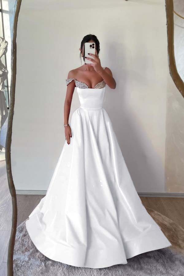 Off the Shoulder Sleeveless Long Prom Dress With Beading Pleated