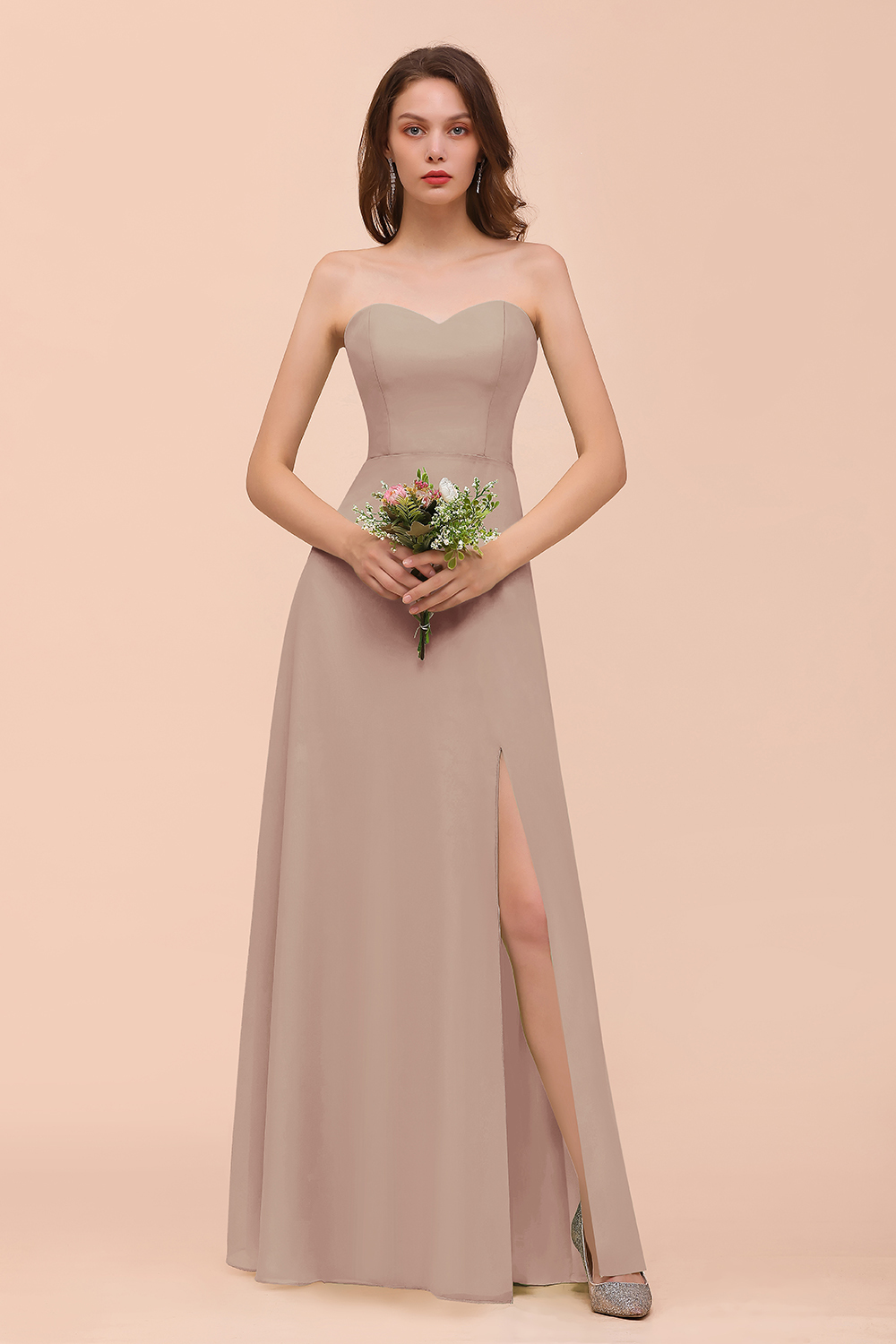 BMbridal Affordable Strapless Front Slit Long Dusty Sage Bridesmaid Dress-BMbridal