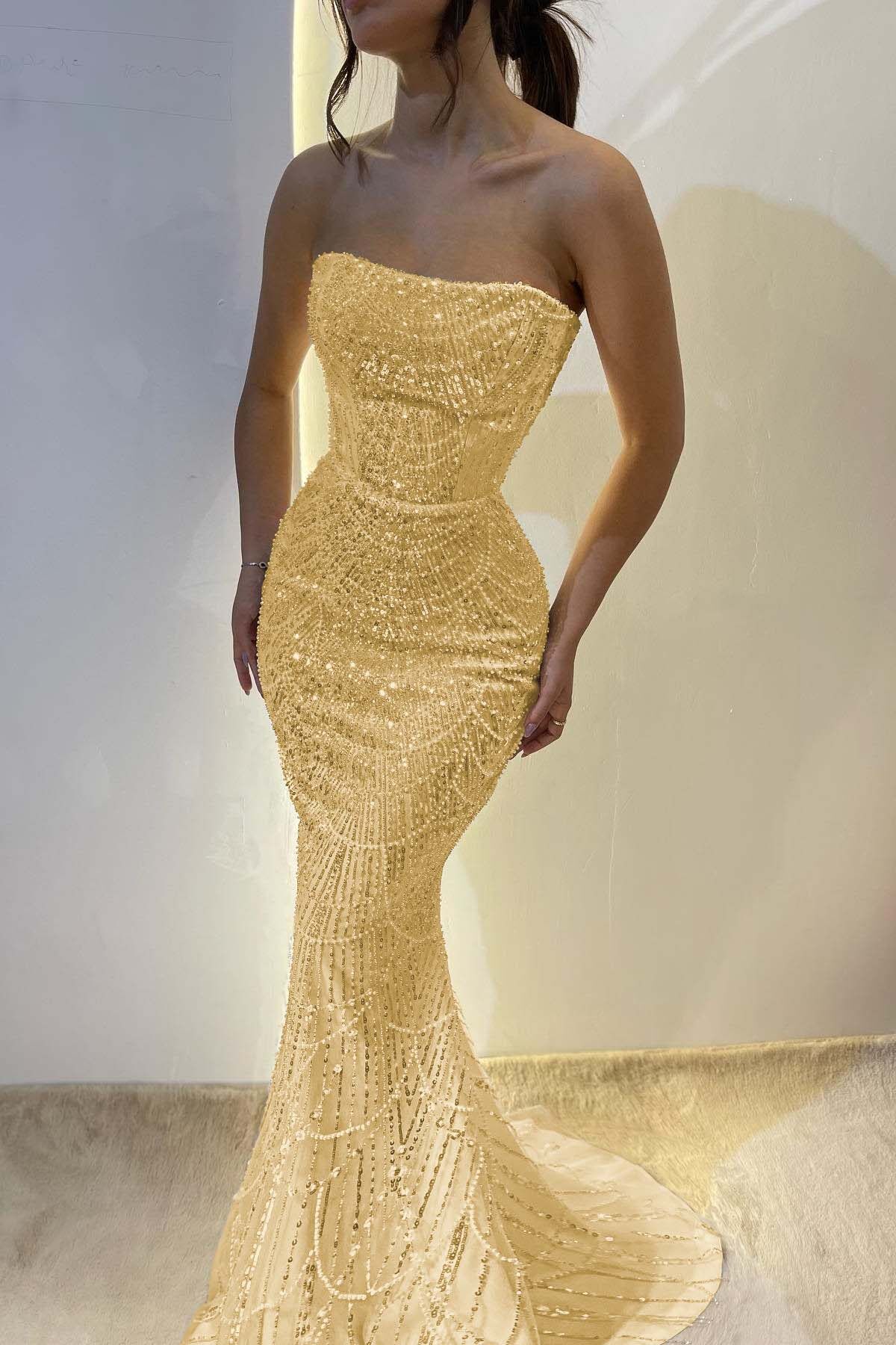 Chic Strapless Sleeveless Long Mermaid Prom Dress With Sequins