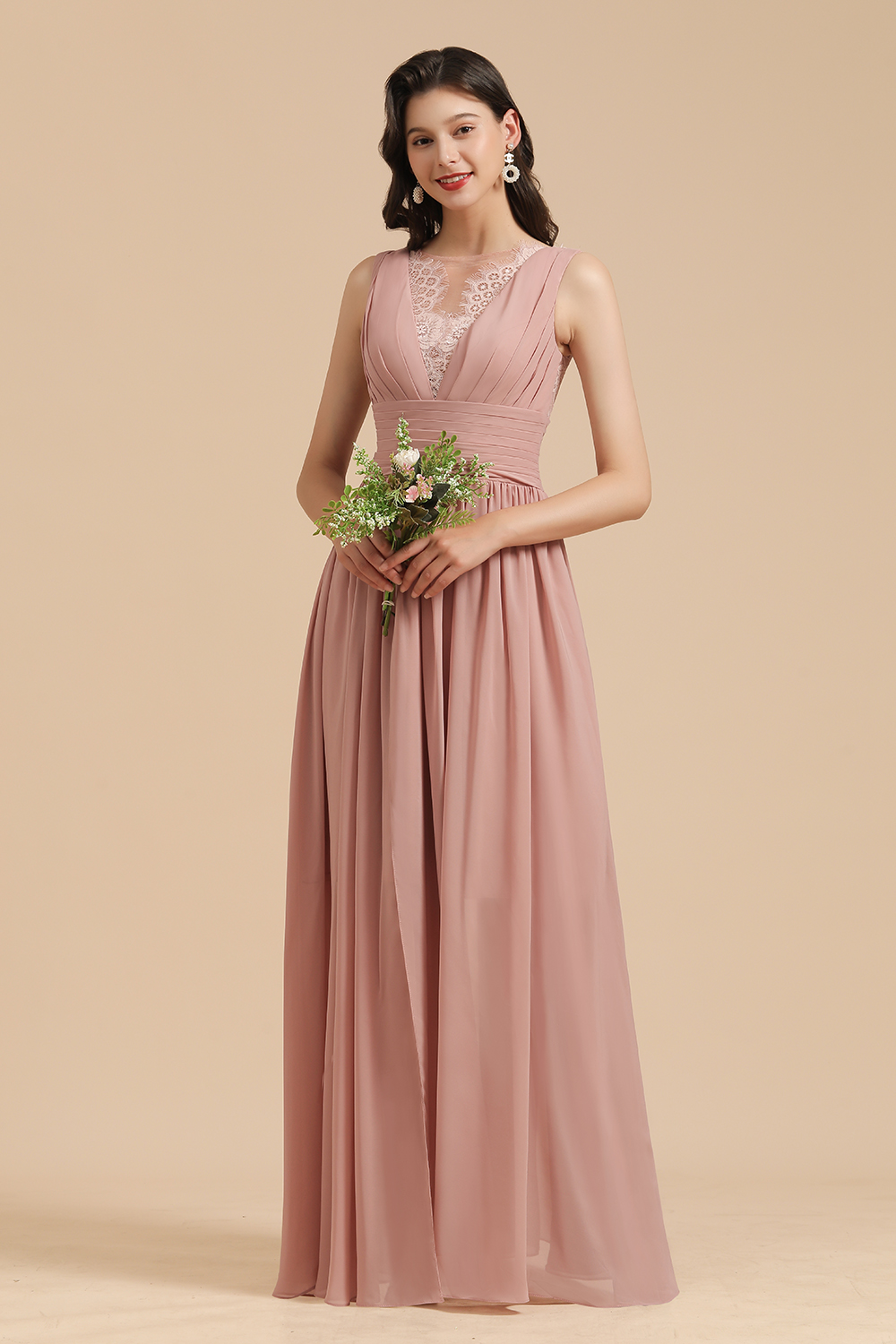 BMbridal Dusty Rose Chiffon V-Neck Bridesmaid Dress Long-BMbridal