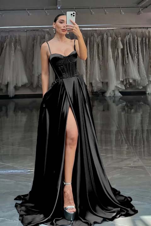 Spaghetti Strap Sleeveless Long Split Prom Dress With Pleated