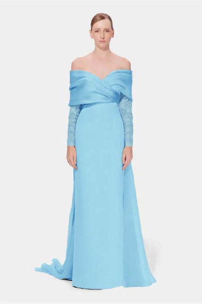 Off the Shoulder Long Sleeves Long Mermaid Prom Dress With Appliques