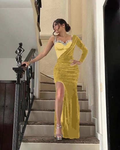 One Shoulder Long Sleeve Long Mermaid Split Prom Dress With Beading