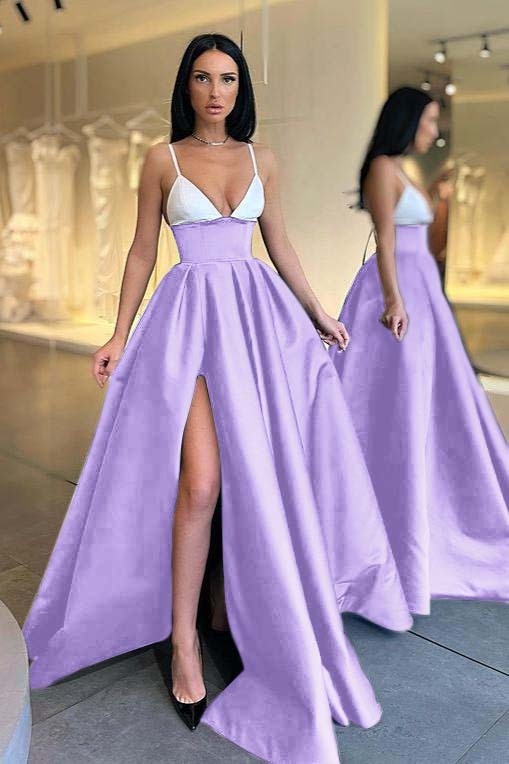 Black and White Spaghetti Strap V Neck Long Prom Dress With Front Split