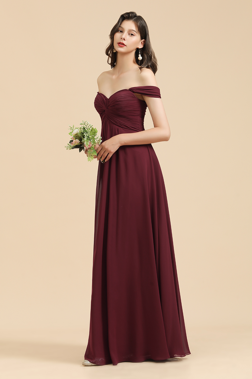 New Arrival A-line Off-the-shoulder Sweetheart Burgundy Long Bridesmaid Dress-BMbridal