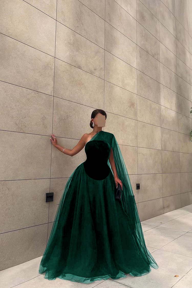 Chic Black Tulle One Shoulder Sleeveless Ball Gown Long Prom Dress