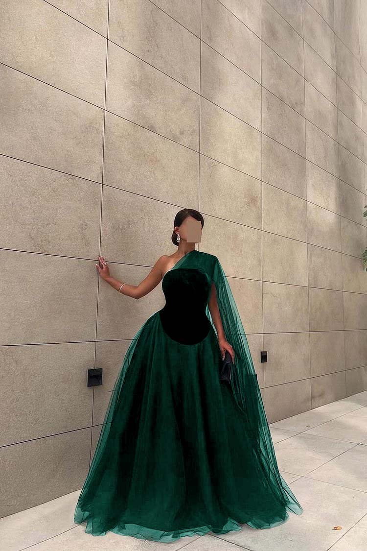 Chic Black Tulle One Shoulder Sleeveless Ball Gown Long Prom Dress