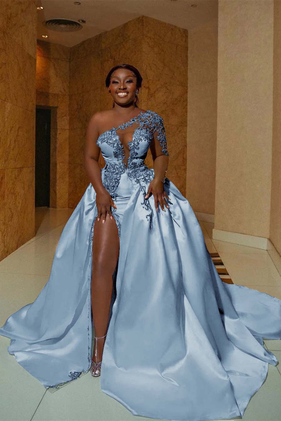 One Shoulder Sleeveless Long Split Prom Dress With Appliques